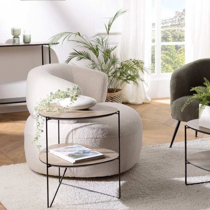 Julia - mesa auxiliar con 2 tableros ovoides, color moca, patas de metal