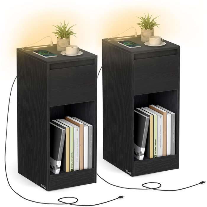 Dos mesitas de noche, con iluminación led y puertos usb, con cajón, color negro
