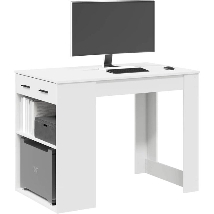 Escritorio con cajón y estante en madera contrachapada blanca.