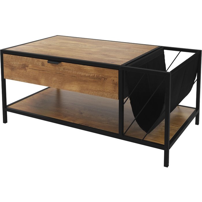 Mesa de centro marrón con 2 estantes, cajón mueble auxiliar de salón 100x54x45cm