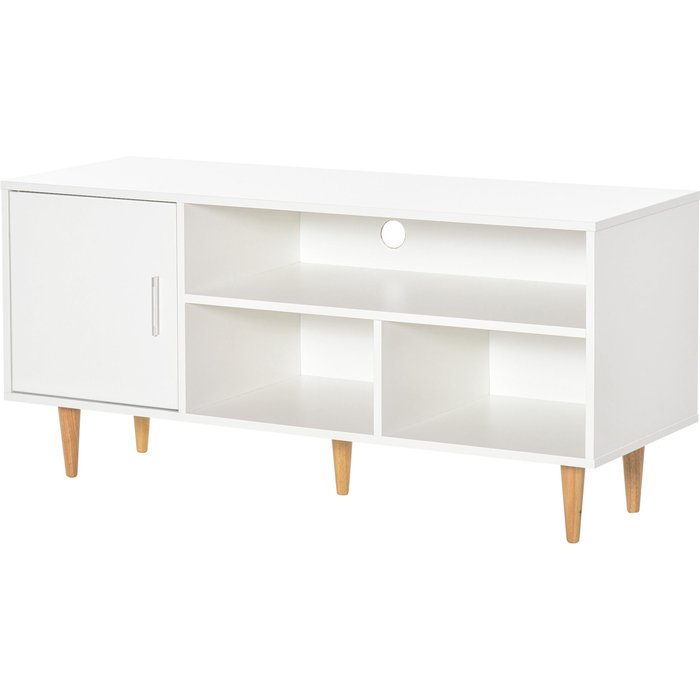 Mueble de tv blanco hasta 60 con 3 compartimentos y patas de madera 120x40x55cm