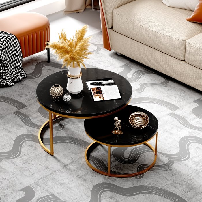 Juego de 2 mesas de centro nido redondas de 80 y 60 cm, de metal, dorado y negro