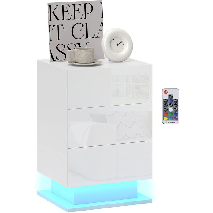Mesa de noche led multicolor 3 cajones blanco brillante 40x35x60cm