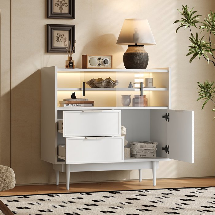 Mueble organizador ahorro de espacio con estantes y cajones madera, blanco