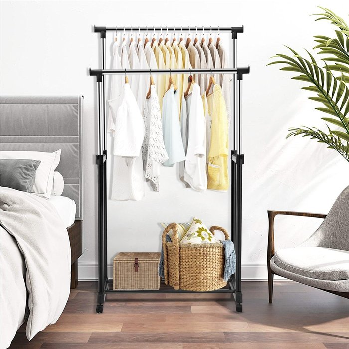 Perchero móvil regulable doble rail con ruedas y zapatero 86x43x94-168cm