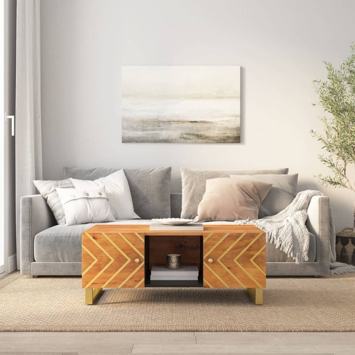 Mesa de centro marrón y negra, 100x54x40 cm, madera maciza de mango.