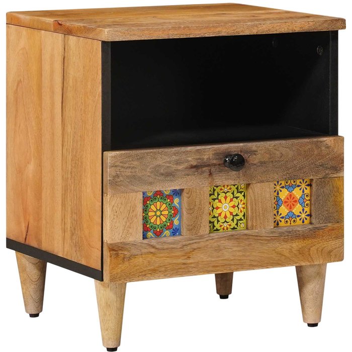 Mesita de noche natural, 40 x 33 x 46 cm, madera maciza de mango.