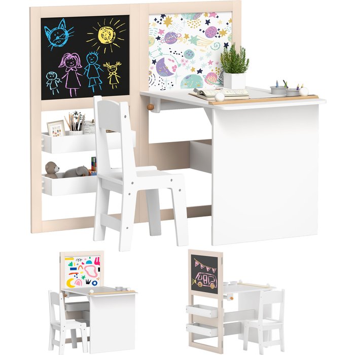 Mesa y silla infantil plegable blanca 2 piezas con pizarras y estantes +3 años