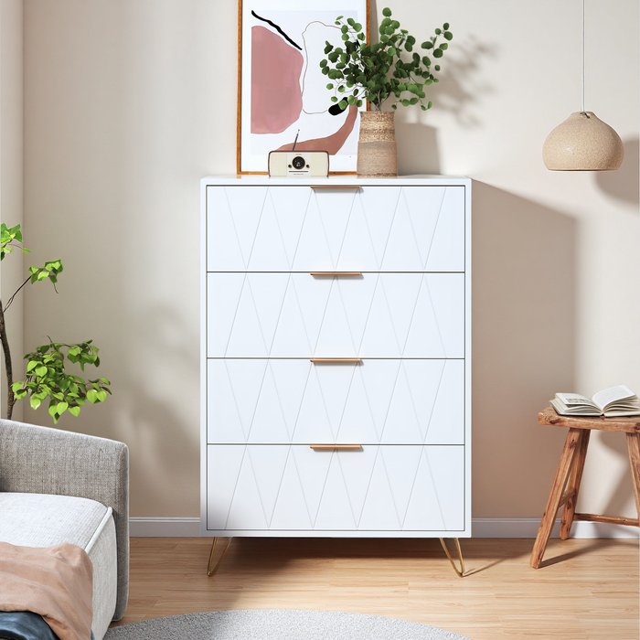 Cómoda grande de 4 cajones con patas de metal - diamante blanco