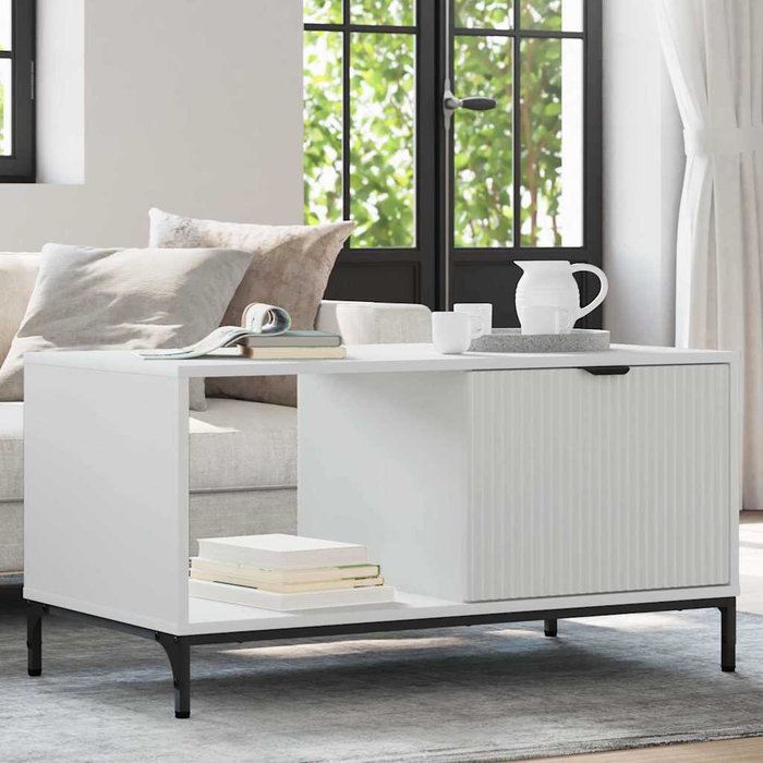 Mesa de centro con cajón, blanca, 90 x 49 x 46 cm, madera de ingeniería.