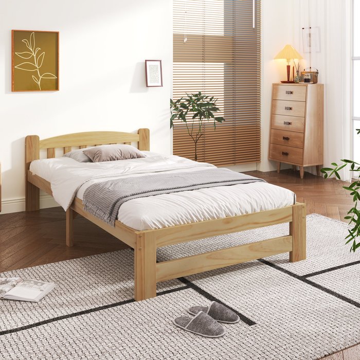 Cama individual 90x200cm con cabecero y base de madera natural (sin colchón)