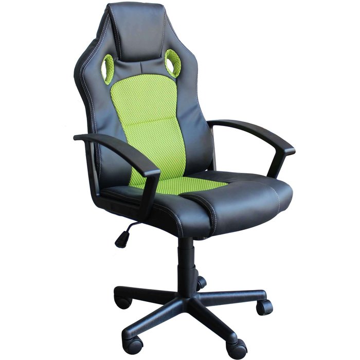 Sillón ergonómico de oficina y gaming en piel negra y tejido stark verde