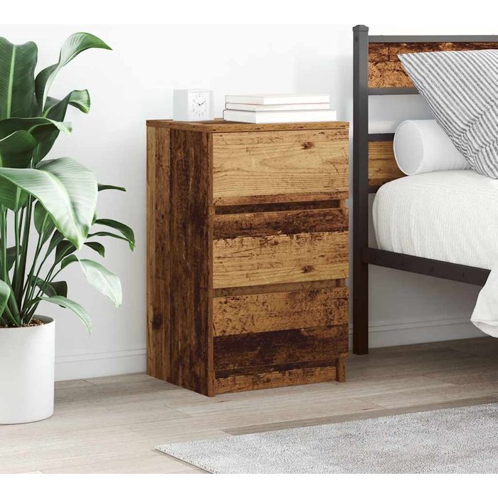 Mesita de noche con 3 cajones, madera envejecida, 39x35x65 cm