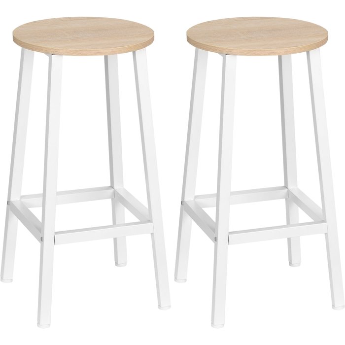 Conjunto 2 taburetes altos cocina 65cm blanco madera pies acero reposapiés 75kg