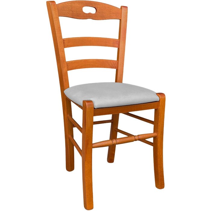 Asiento de madera loris ciliegio con seductora piel ecológica gris claro