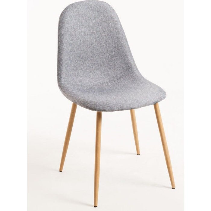 Silla kela de tela gris claro y patas de metal efecto madera natural