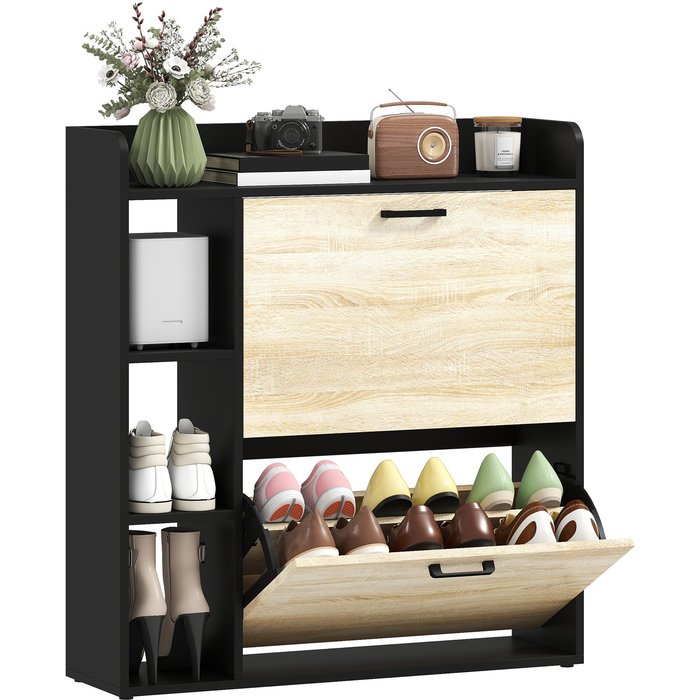 Zapatero estrecho 2 puertas 15 pares 3 estantes 83x24x90cm madera negro