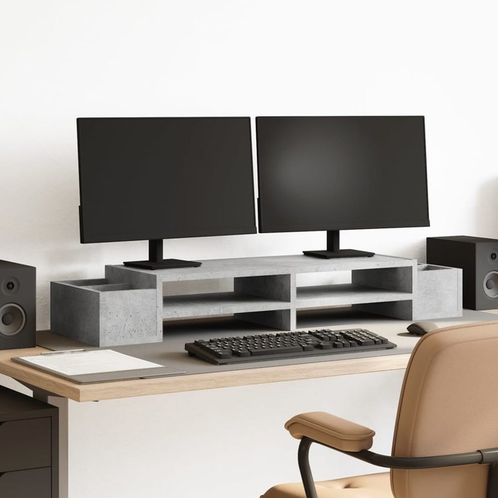 Soporte para monitor con almacenamiento de madera contrachapada de hormigón gris