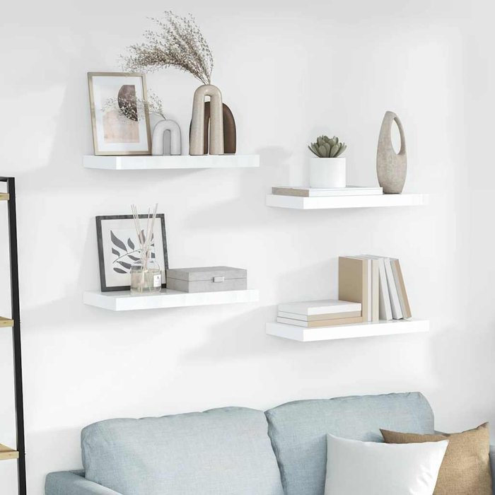 Estantería flotante de pared, 4 unidades, blanco brillante, 50x23x3,8 cm, mdf