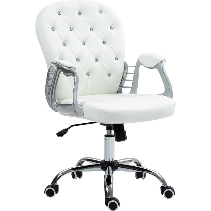 Silla de oficina ergonómica con reposabrazos y respaldo acolchado, color blanco.
