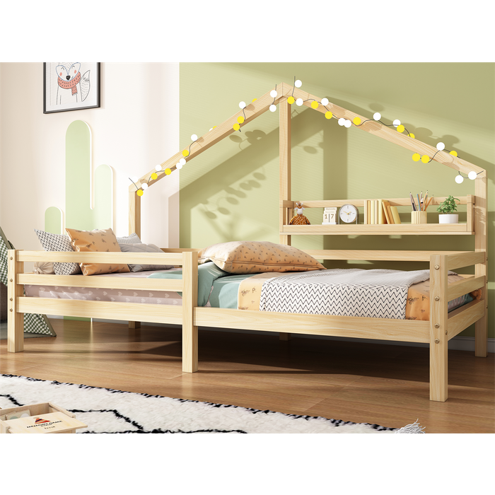 Cama cabina 90x200cm de madera maciza - con estantes - natural