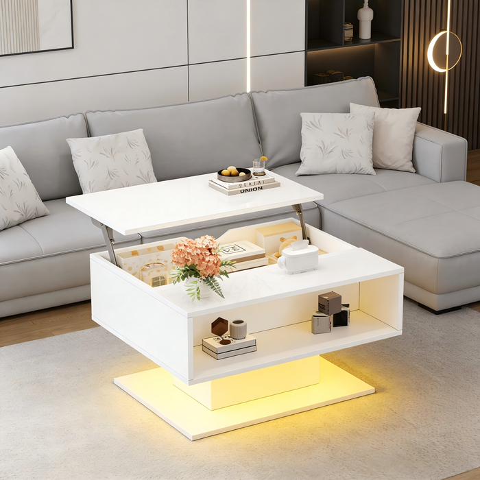 Mesa baja 80x75x40/54 cm, 1 hueco, bandeja elevable hidráulica, led, blanco