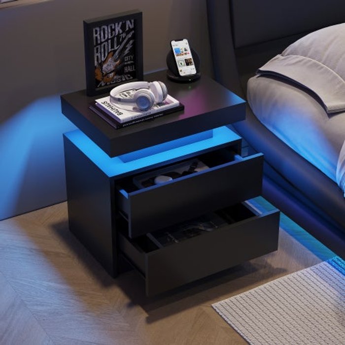 Mesita de noche led moderna con 2 cajones, mueble de cabecera negro - comfortxl