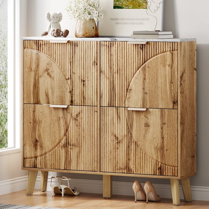 Zapatero 105x24x95.5 cm, 4 puertas abatibles, ahorro de espacio, mdf natural