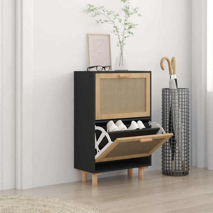 Vidaxl zapatero madera contrachapada negro ratán natural 52x25x80 cm