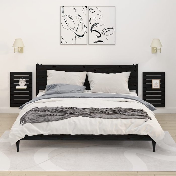 Estantes de cabecera de pared 2 piezas negro madera maciza de pino