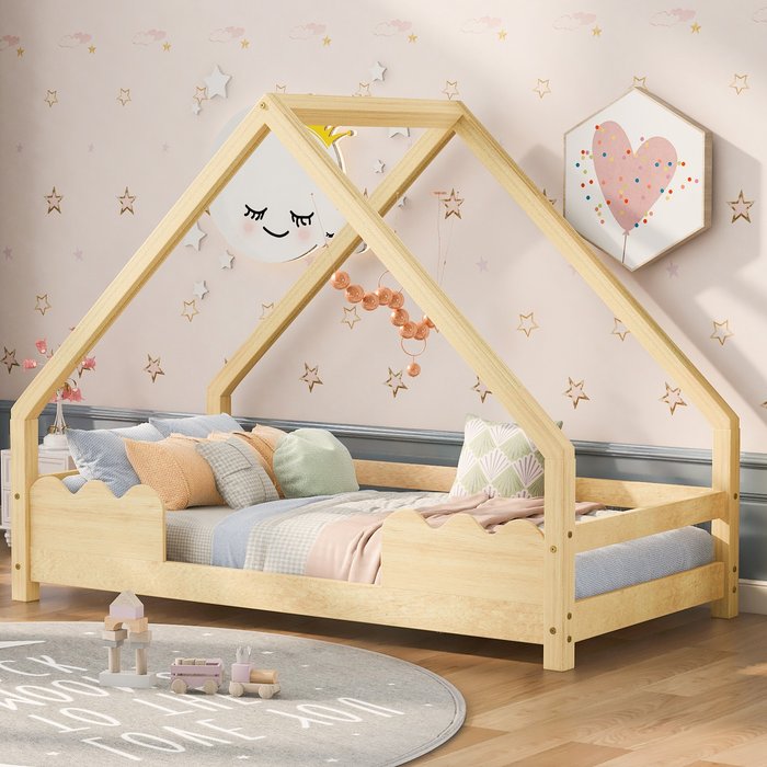 Cama infantil de 90x200cm, con protección anticaída, en madera maciza natural