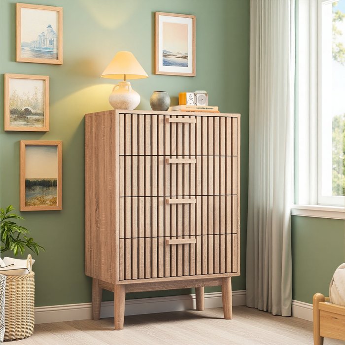 Cómoda con 4 cajones, 60 cm, color madera natural, 60 x 34 x 91 cm