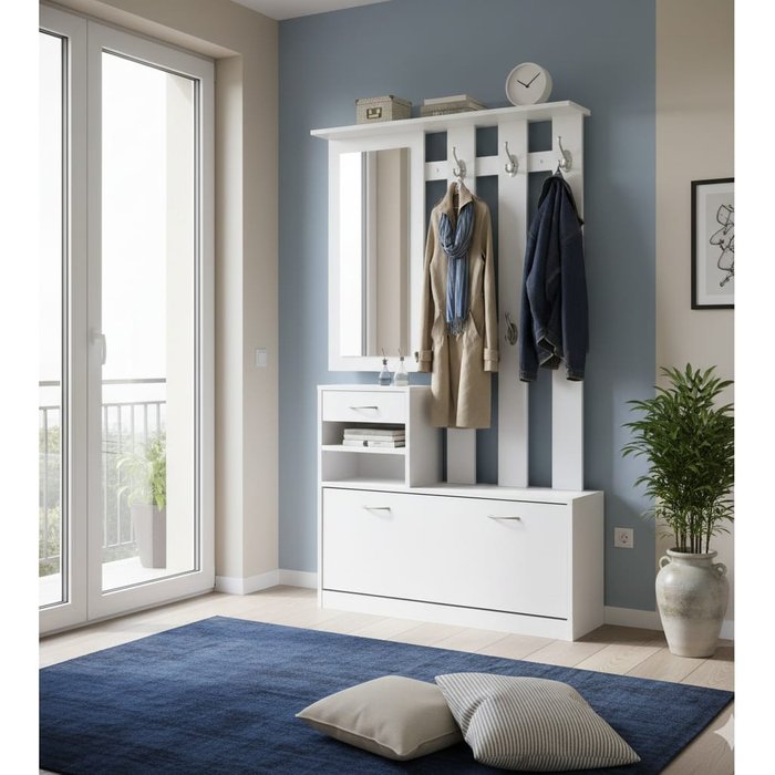 Essenza mueble recibidor 3 en 1 perchero zapatero espejo blanco