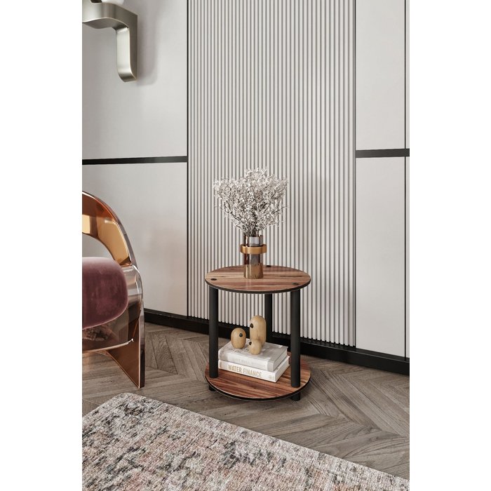 Estante redondo de dos niveles en nogal - diseño moderno de primera calidad