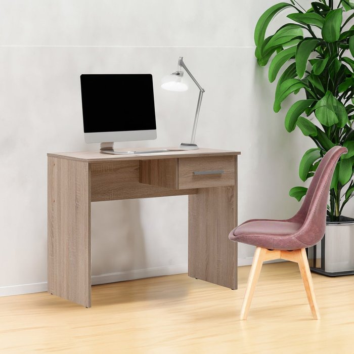 Mesa escritorio con cajón pequeña 90x50x73cm acabado color roble