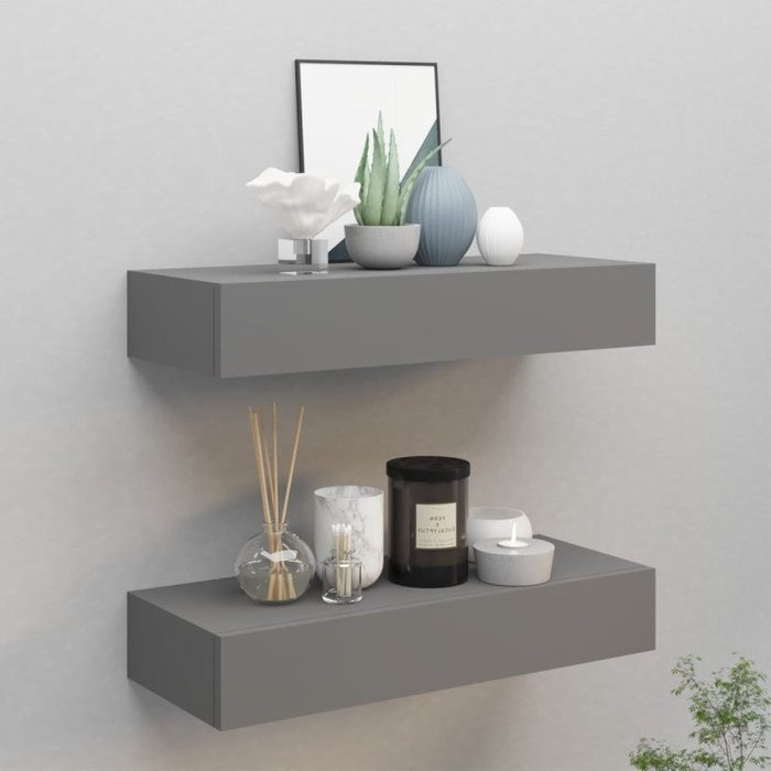 Estantes de pared con cajón 2 uds mdf gris 60x23,5x10 cm vidaxl