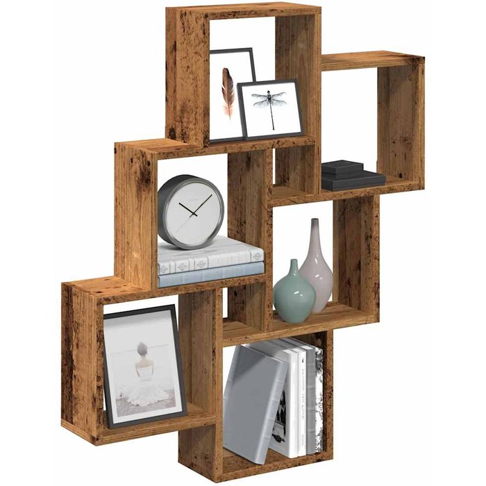 Estantería de pared cúbica de madera envejecida, 78x15x93 cm.