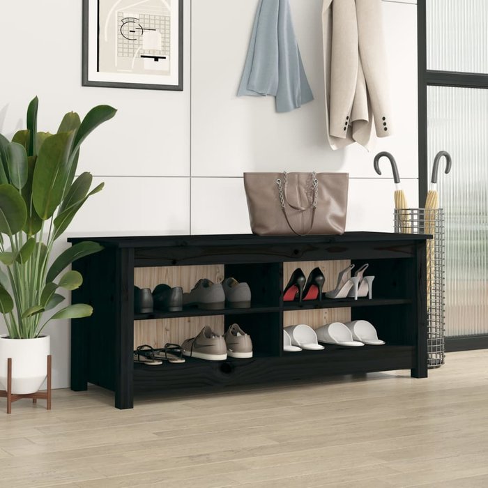 Banco zapatero negro de 110x38x45,5 cm, de madera maciza de pino.