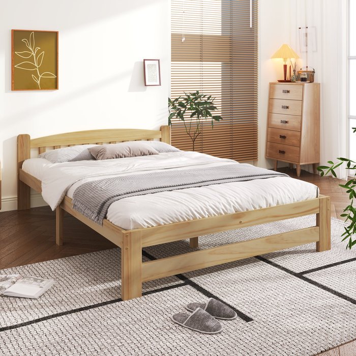 Cama doble 140x200cm con cabecero y base de láminas madera natural (sin colchón)