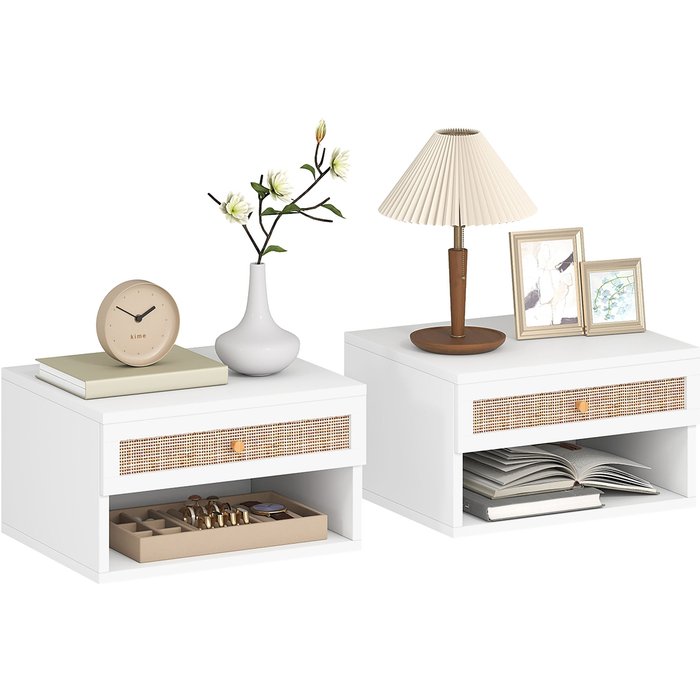 Conjunto 2 mesitas noche suspendidas con cajón mimbre 40x34x23cm blanco