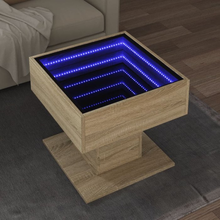 Mesa de centro con led roble sonoma 50x50x45 cm madera contrachapada