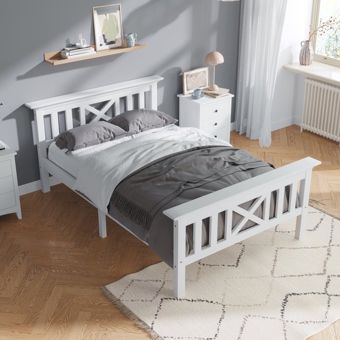 Cama con cabecero - 90 x 200 cm - pino - somier - blanco