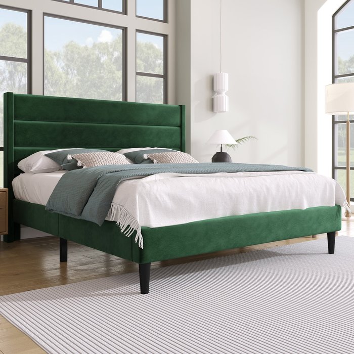 Cama con cabecero - 140 x 200 cm - terciopelo - somier - verde