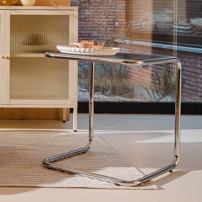 Mesa de centro cuadrada de 50 cm de largo en metal y vidrio negro