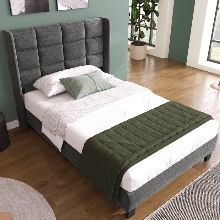 Cama tapizada en tela de lino - 90x200cm - con cabecero y somier - gris