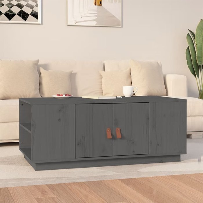 Mesa de centro gris de 100x50x41 cm, de madera maciza de pino.