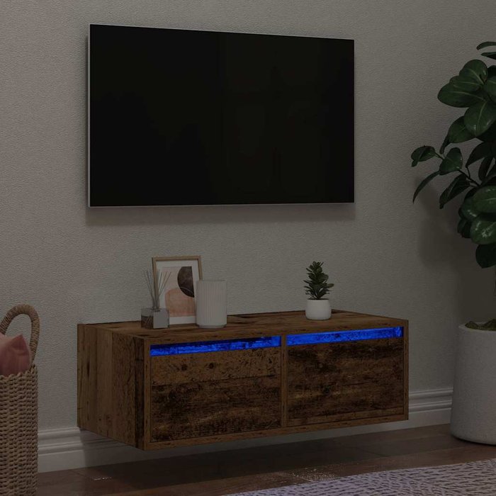 Mueble de tv con luces led, acabado madera envejecida, 75x35,5x25 cm