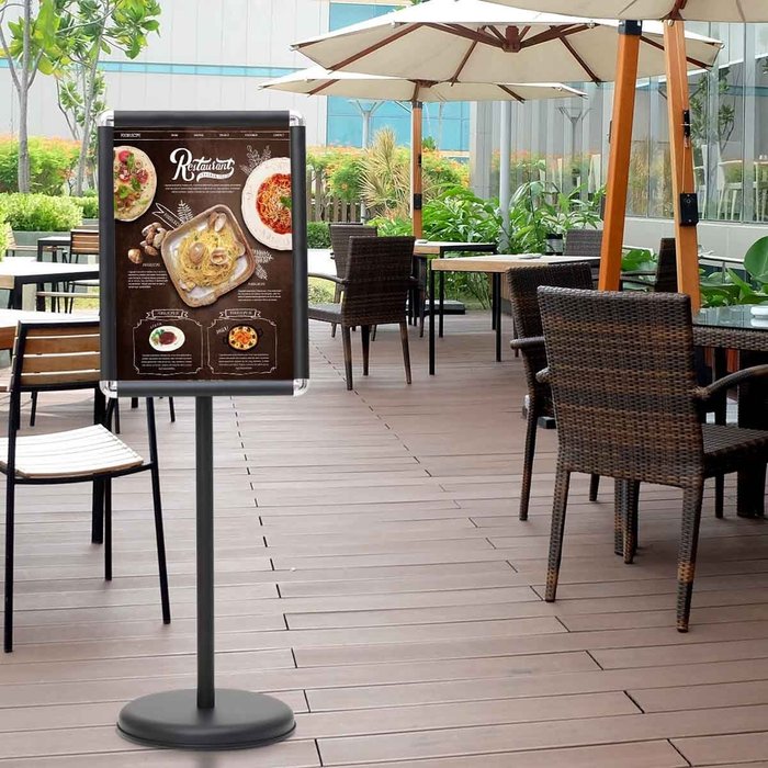 Expositor de pie a3 altura ajustable 89-134cm base estable negro aluminio