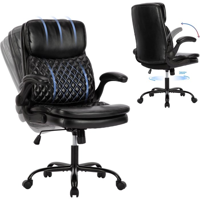 Silla de oficina ergonómica de pu, altura ajustable, respaldo reclinable, negro