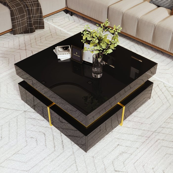Mesa de centro cuadrada 70×70×35,5 cm con 2 cajones, en mdf, negro